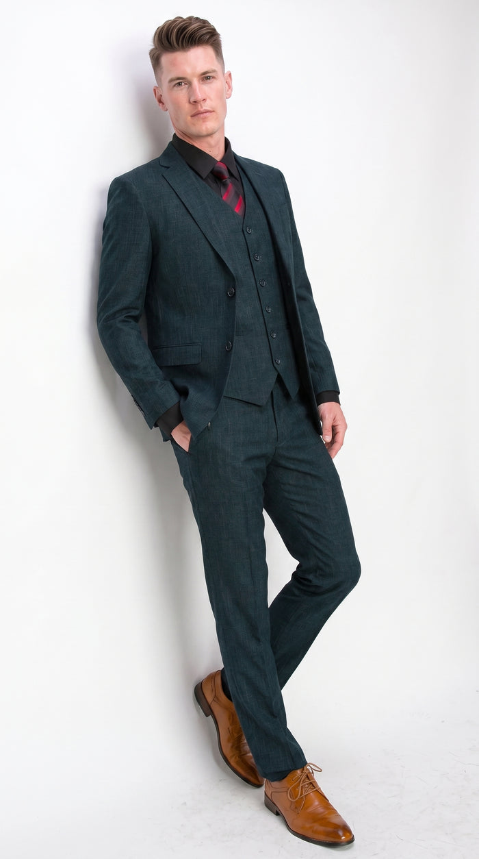 Men’s Teal Green 3 Piece Suit – Modern Two Button Suit with Matching Vest & Pants