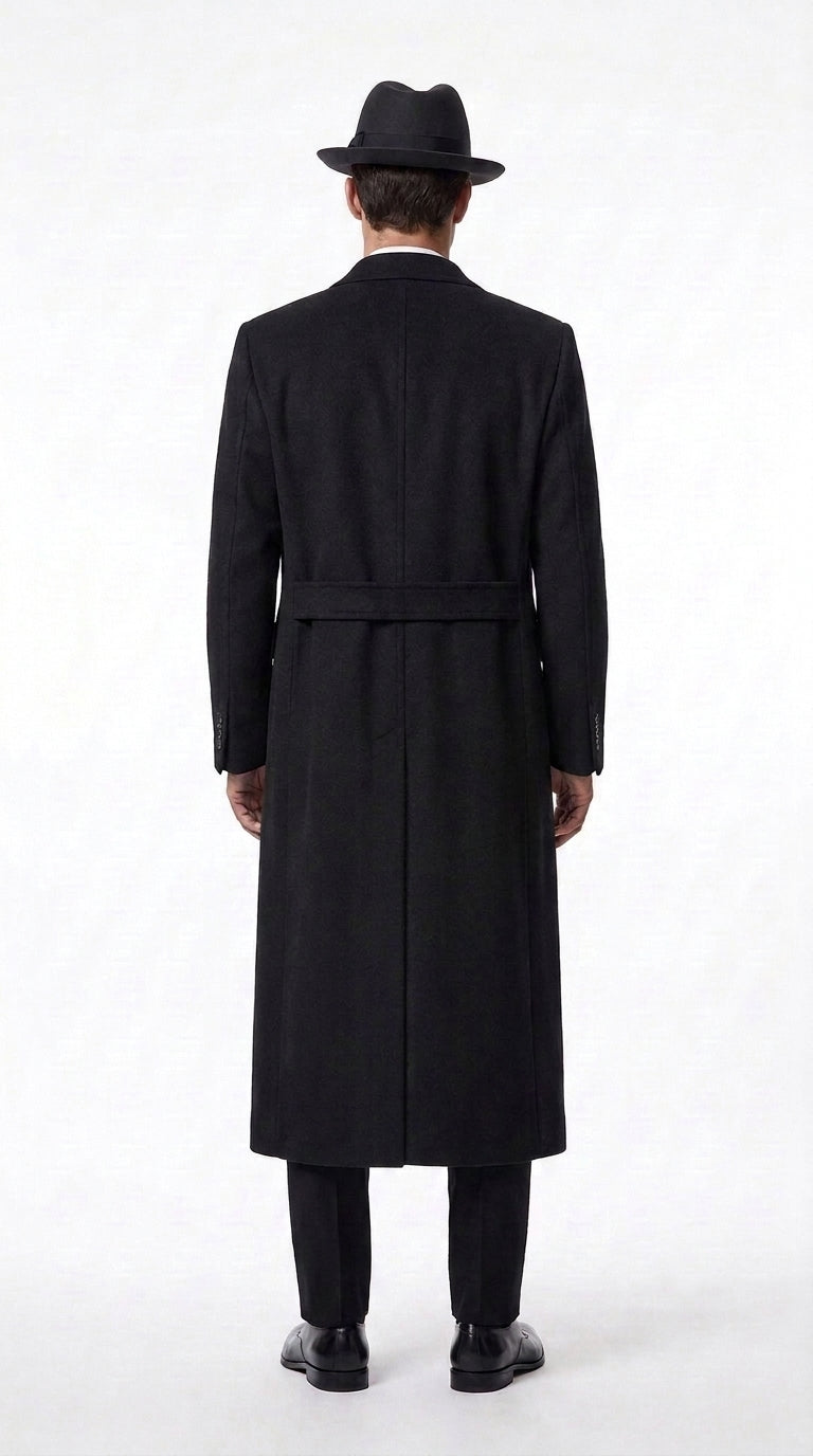 Men’s Godfather Black Double-Breasted Long Overcoat – Vintage Mobster Gangster Coat