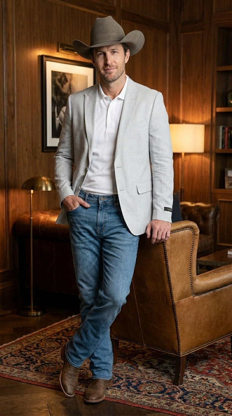 Men’s Very Light Grey - Linen Western Cowboy Blazer, Formal Sport Coat for Weddings, Parties, Country Events, and Casual Dress Wear in Ice Ash Color