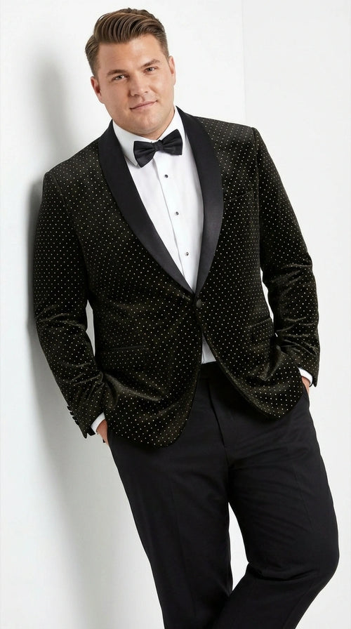 Men’s Black Velvet Dinner Jacket Blazer with Satin Lapel – Formal Evening Tuxedo Style Jacket Polk Dots Pattern + Free bowtie