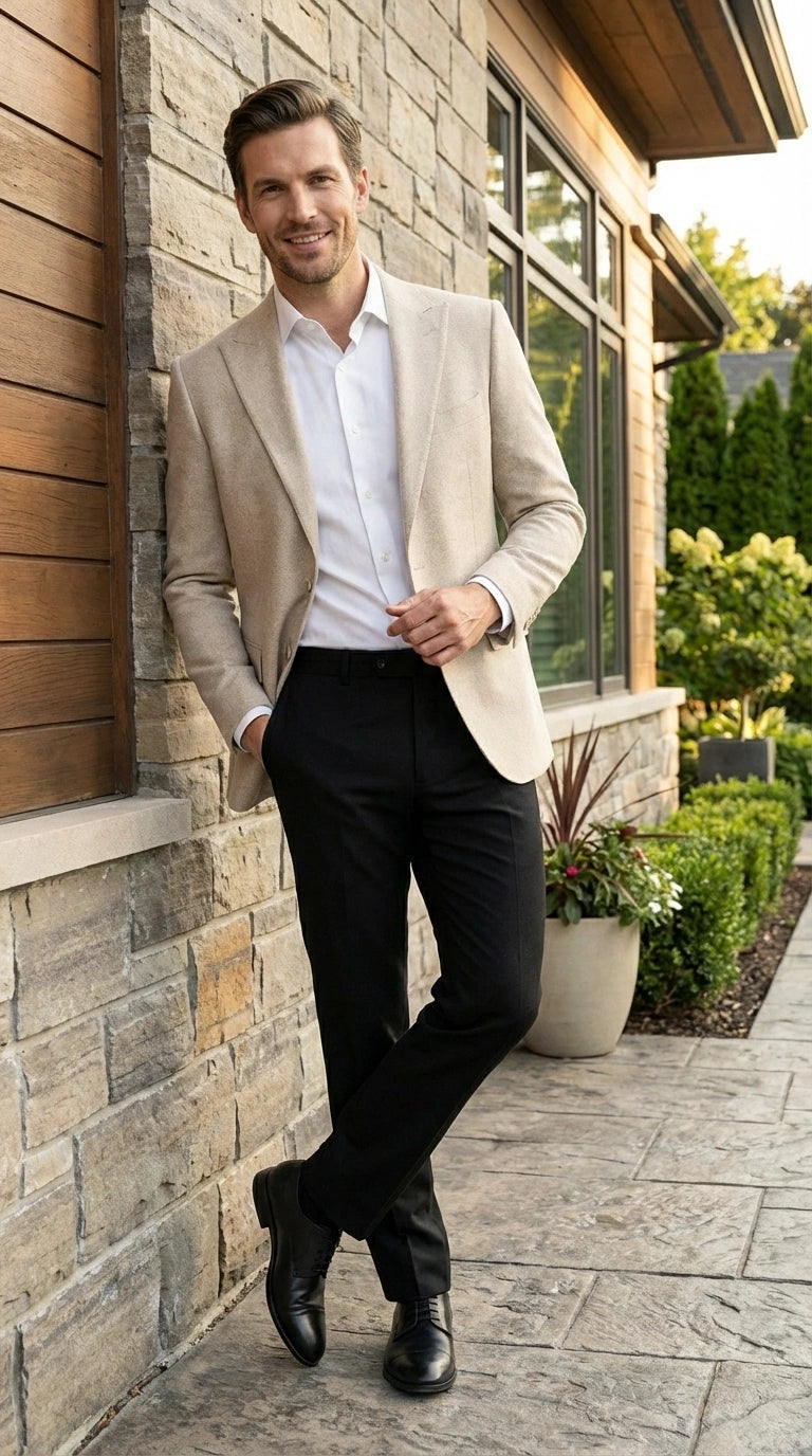 Zacchi Men’s Beige Hopsack Blazer – Classic Two Button Sport Coat with Peak Lapel Formal Jacket