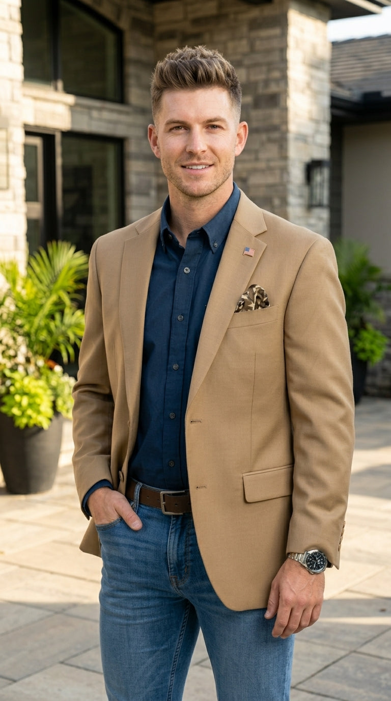 Mens Khaki Camel Bronze Taupe Blazer, Classic Business Casual Wedding Sport Coat Jacket in Tan Color