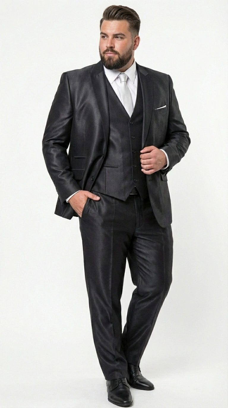 Men’s Black Three Piece Suit – Modern Fit 3PC Formal Suit with Vest for Wedding, Prom and Business Events Sharkskin Shiny Fabric