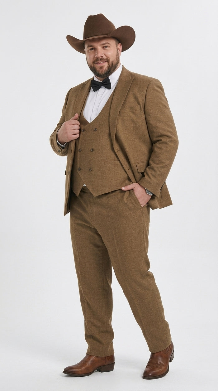 Men’s Light Brown Western 3-Piece Suit – Cowboy Wedding Suit with Vest British Khaki Bronze Color
