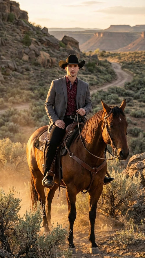 Men’s brown western faux suede blazer by Alberto Nardoni features a tailored fit, a single-breasted design with notched lapels, and two front pockets, constructed from soft faux suede material.