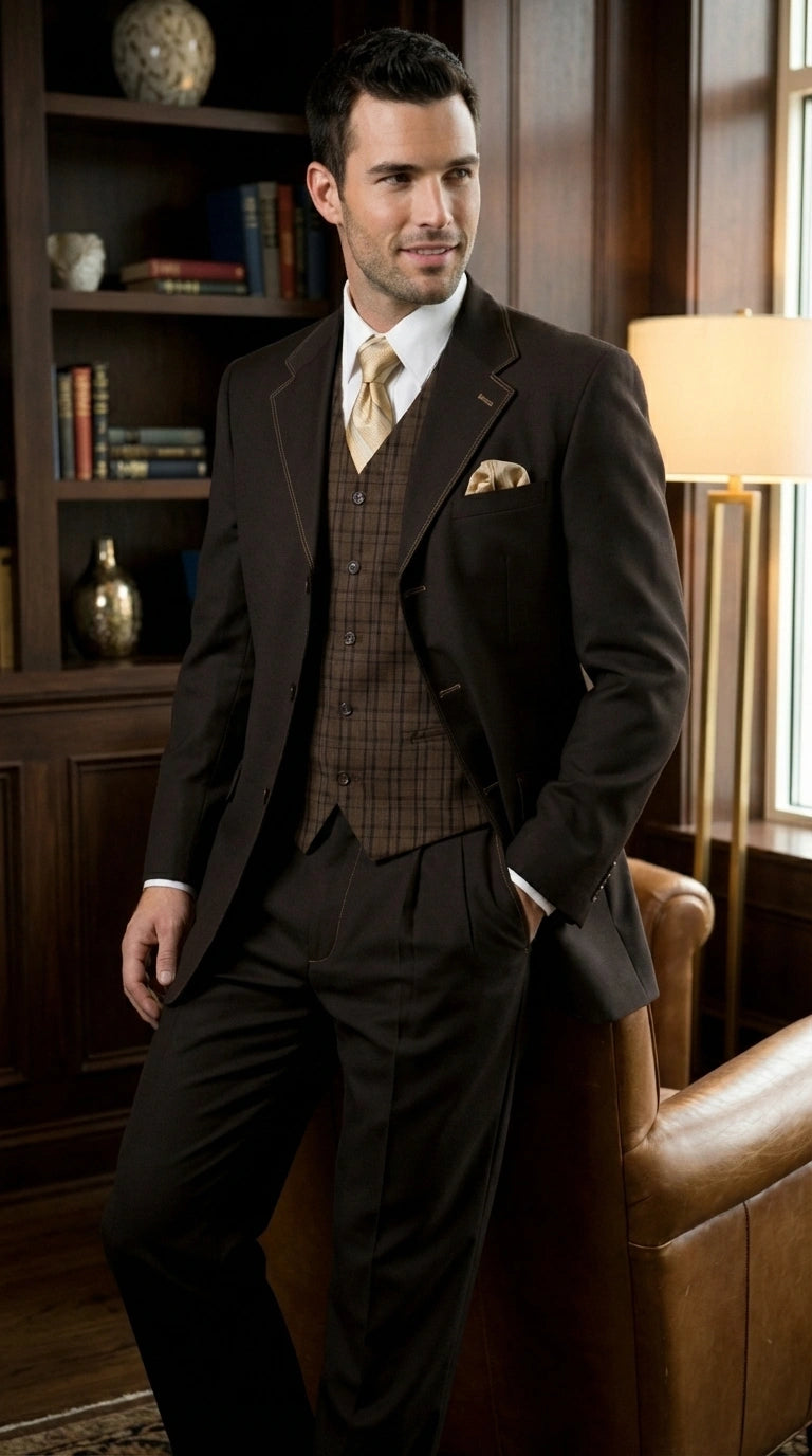 Men’s Dark choclate Brown Three Buttons 3 Piece Suit – Classic Brown 3PC Wedding, Church and Business Formal Suit for Men