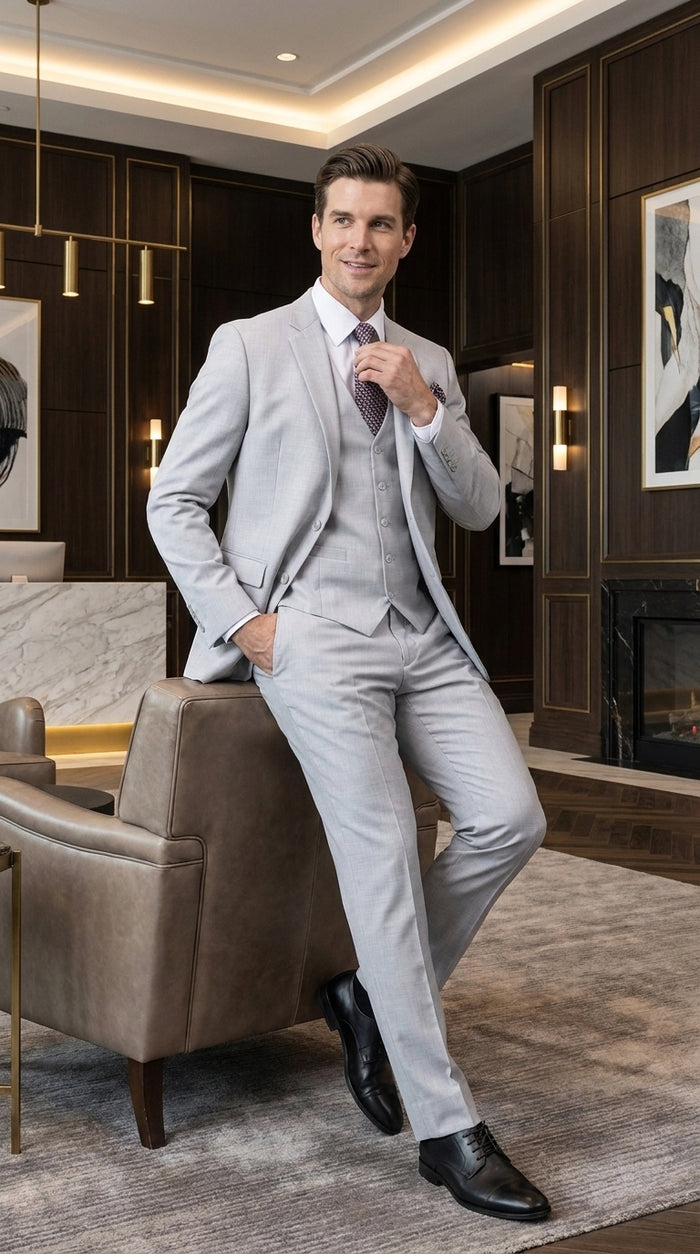 Men’s Light Grey Sharkskin 3 Piece Business Suit – Slim Fit Two Button Vested Wedding & Silver Suit