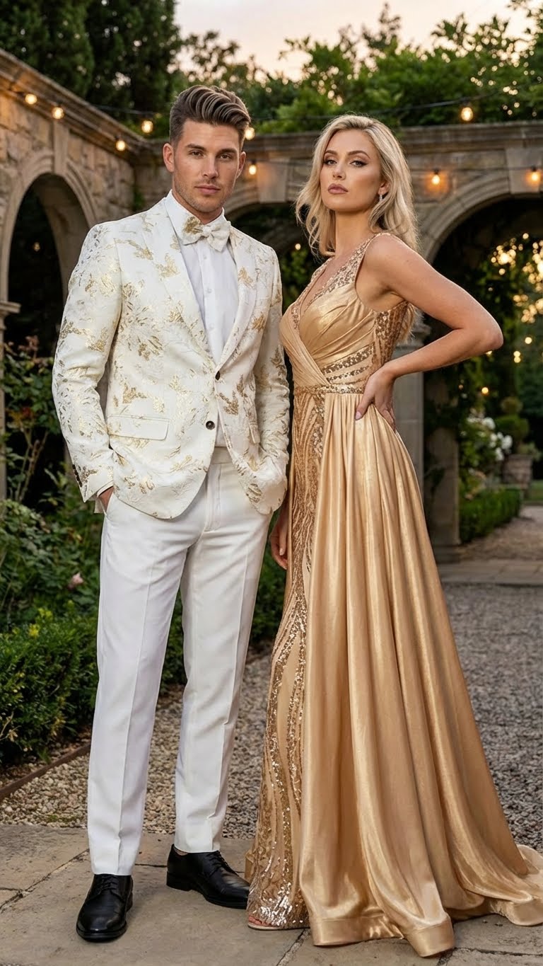 Alberto Nardoni men's blazer: white with gold patterns. Tailored fit, structured shoulders, single-breasted. Smooth, slightly shiny fabric. Notched lapels. Paired with white trousers for an elegant look.
