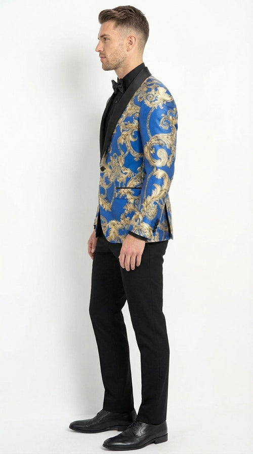 Men’s Royal Blue and Gold Blazer Jacket – Luxury Floral Pattern Tuxedo Blazer, Formal Party Wedding Dinner Jacket, Stylish Evening Wear