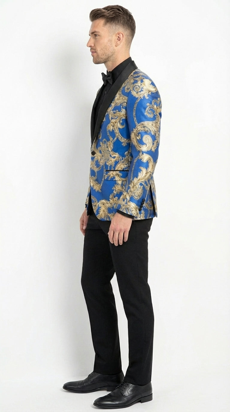 Men’s Royal Blue and Gold Blazer Jacket – Luxury Floral Pattern Tuxedo Blazer, Formal Party Wedding Dinner Jacket, Stylish Evening Wear
