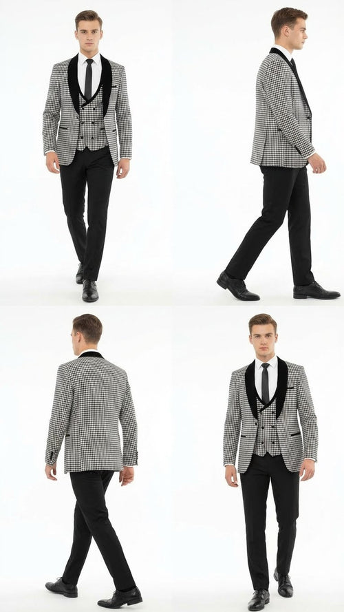 Men's black & white houndstooth tuxedo set: patterned jacket with velvet shawl lapel, black pants. Tailored fit, structured shoulders. Classic formal wear.
