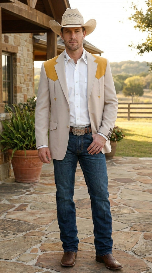 Men's Beige and Gold Western Cowboy Blazer – Classic Western Style Jacket,  Vintage Country Dress in Bone Color
