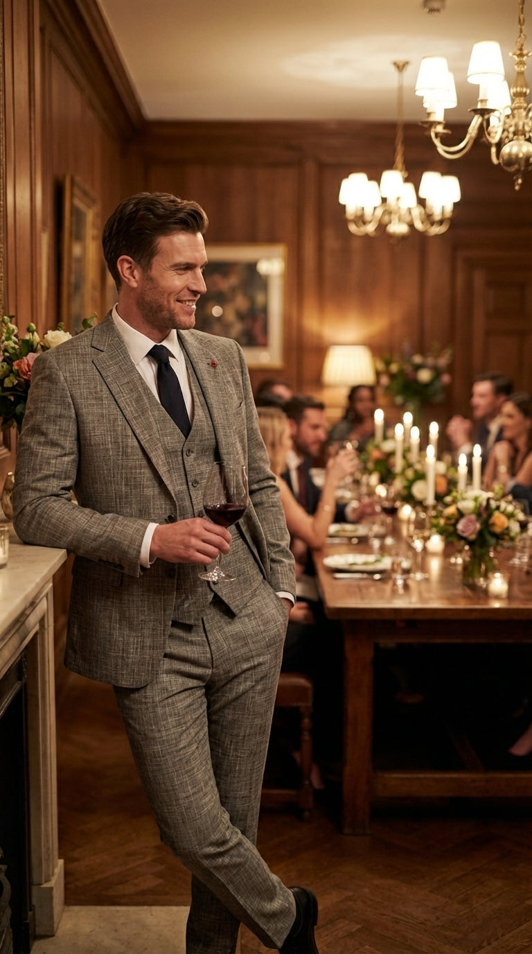 Vitali Brand Men’s Grey Textured Patterned 3 Piece Suit – Modern Fit Checkered Sharkskin with Blazer, Vest & Trousers, Business Wedding