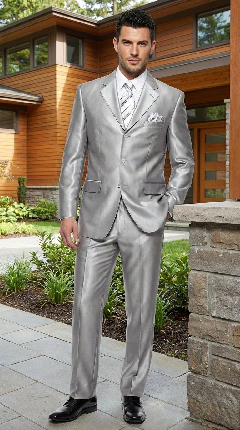 Men’s Silver Grey Sharkskin Suit – 3 Button Classic Fit Shiny Formal Suit for Wedding, Business and Party Wear