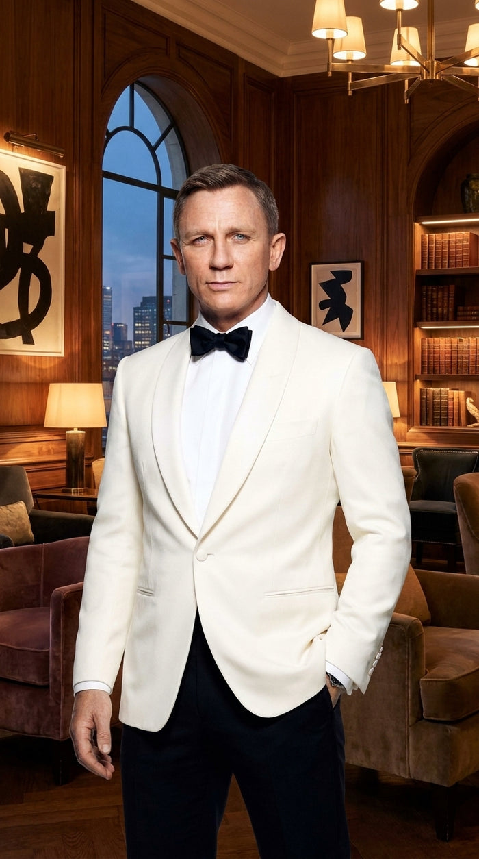 Men’s James Bond Style Ivory Dinner Jacket, White Tuxedo Blazer for Wedding, Prom and Black Tie Events