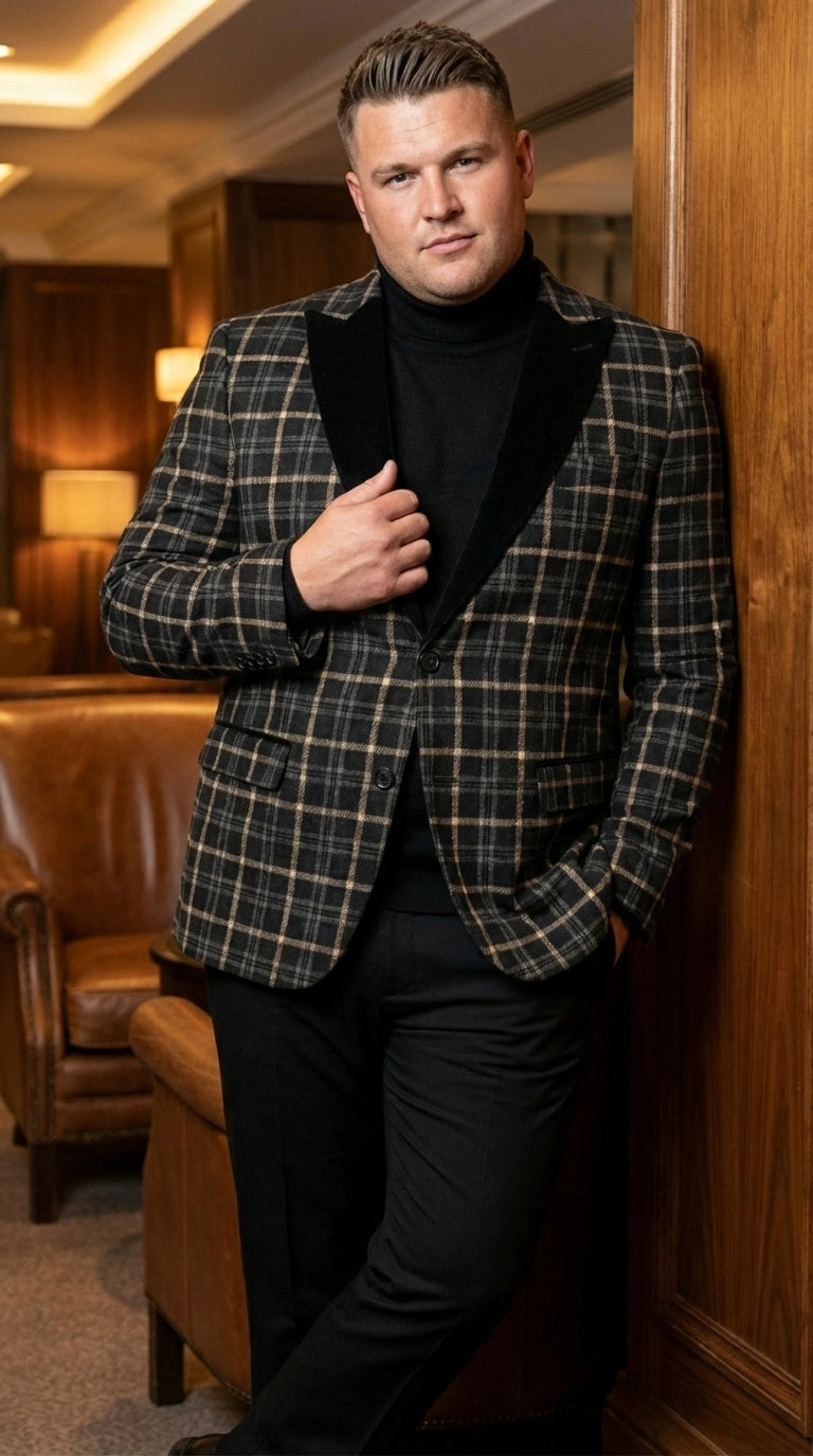 Mens Tartan Black and Gold Check Blazer – Windowpane Plaid Sport Coat Velvet Lapel Formal Party Jacket Chirsitmas New Year Holiday Jacket