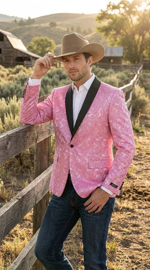 Mens Hot Pink Paisley Western Blazer Jacket – Stylish Pattern Formal Blazer with Black Shawl Lapel for Party, Wedding Cowboy Sportcoat