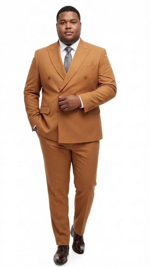 Men's slim-fit double-breasted suit in rust-orange brown. Smooth fabric, wide lapels, double-row buttons, side pockets. Tailored trousers. Sleek, modern design with a structured silhouette.
