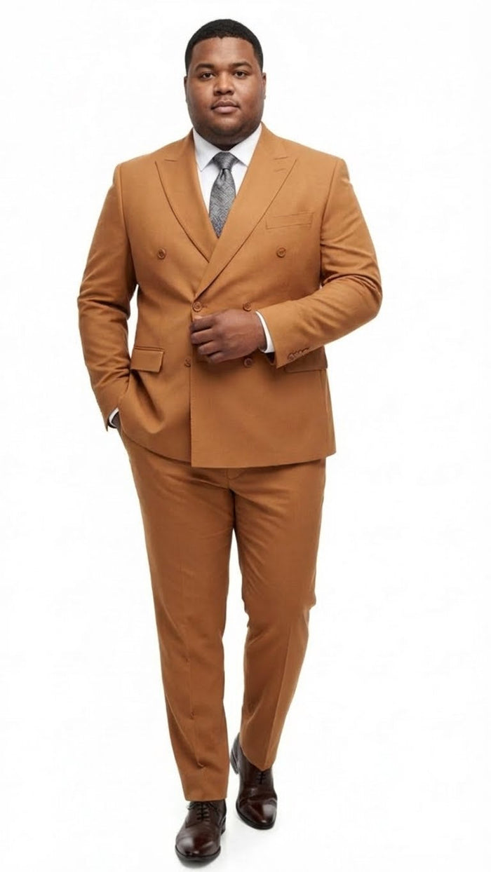 Men's slim-fit double-breasted suit in rust-orange brown. Smooth fabric, wide lapels, double-row buttons, side pockets. Tailored trousers. Sleek, modern design with a structured silhouette.
