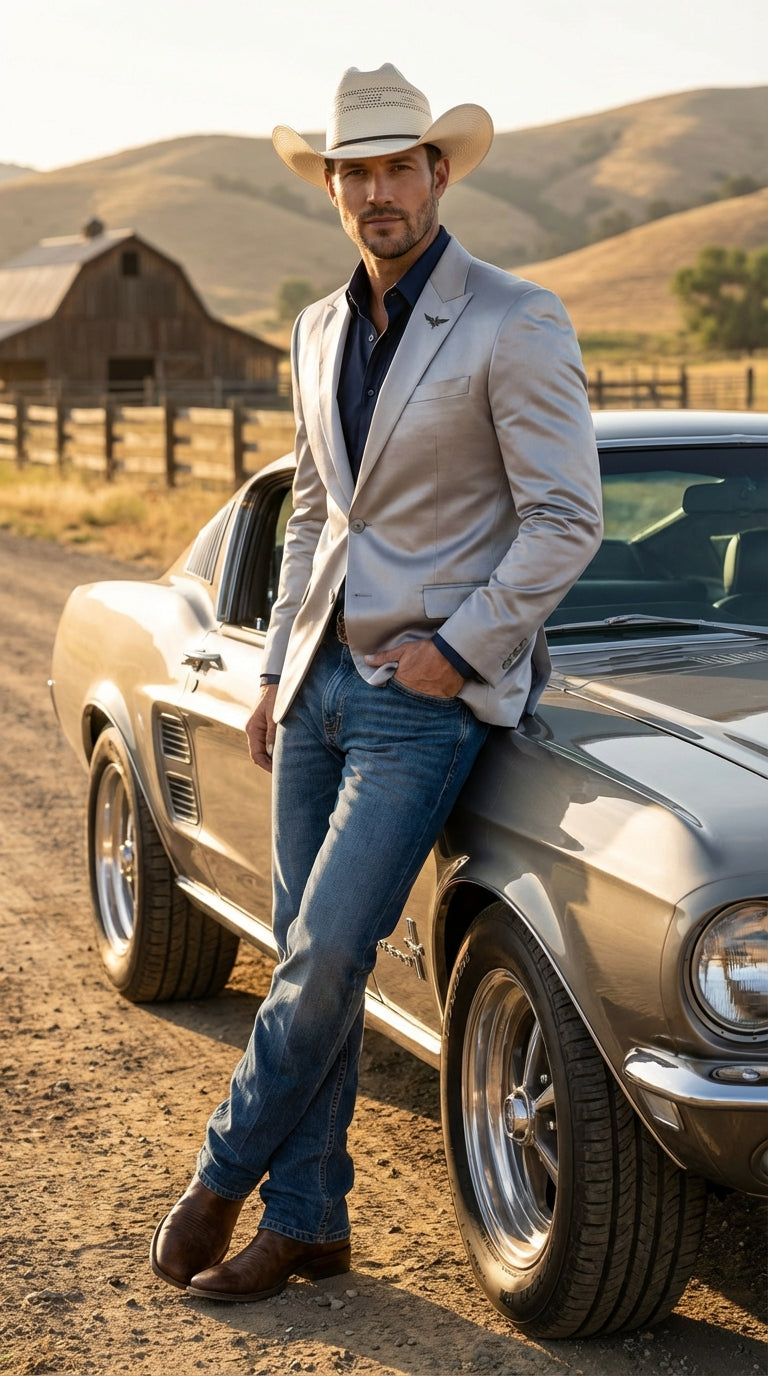 Mens Shiny Silver Cowboy Blazer – Western Style Satin Finish Blazer for Party, Country Events and Evening Wear