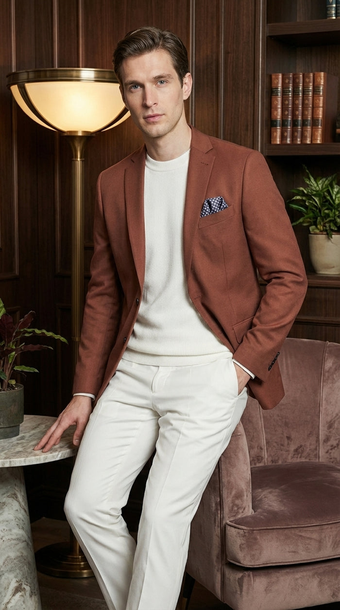 Mens Rustic Brown Light Burnt Orange Copper Blazer – Classic Fit Single Breasted Formal Casual Dress Jacket