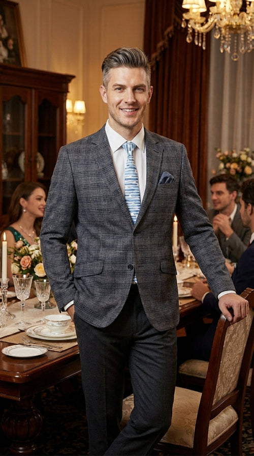 Mens Charcoal Gray with Blue Plaid Pattern Blazer Jacket – Classic Check Pattern Sport Coat for Business, Office, and Smart Casual Wear