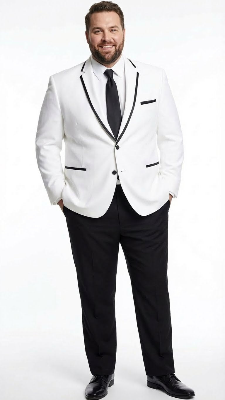 Classic men's white blazer with black trim. Single-breasted, tailored fit, smooth white fabric. Features black lapel/pocket trim, two front pockets, and a single button closure.
