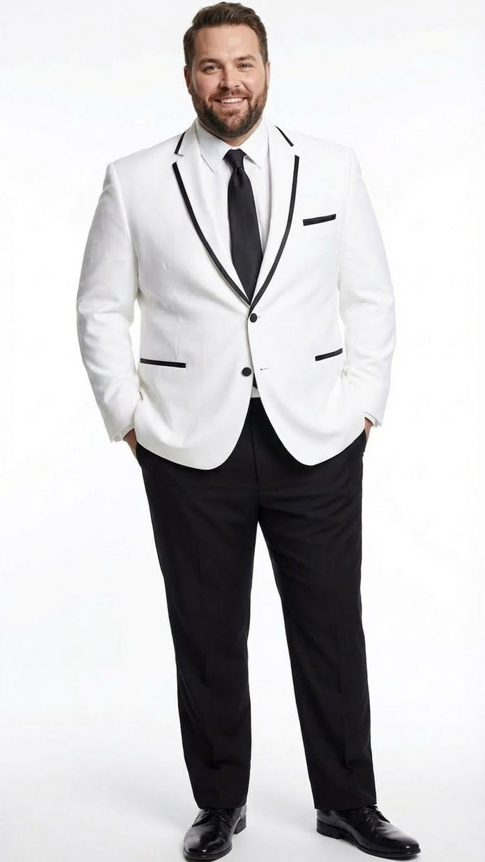Classic men's white blazer with black trim. Single-breasted, tailored fit, smooth white fabric. Features black lapel/pocket trim, two front pockets, and a single button closure.
