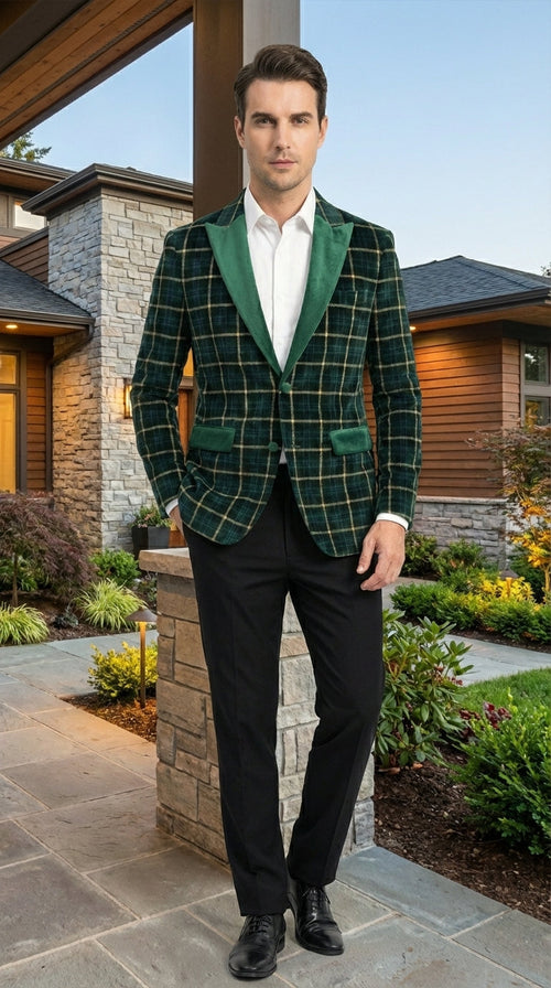 Mens Tartan Green and Gold Check Blazer – Windowpane Plaid Sport Coat Velvet Lapel Plaid Christmas Holiday New Year Jacket