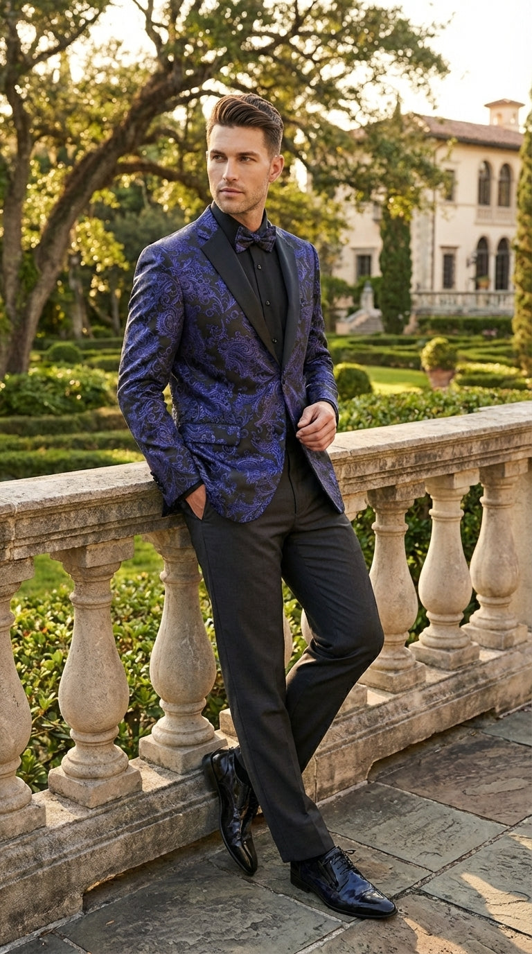 Mens Royal Blue Paisley Jacquard Blazer – Luxury Pattern Tuxedo Dinner Jacket with Black Satin Lapel for Wedding, Prom With Bowtie