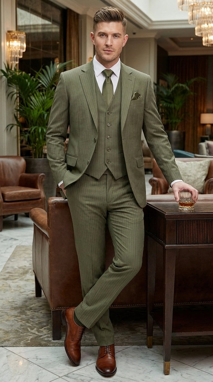 Men’s Olive Green Tone-on-Tone Shadow Pinstripe  3 Piece Suit – Modern Formal Suit with Vest Shadow Stripe