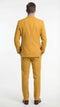 Mustard yellow three-piece men's suit: textured fabric, two-button notch lapel jacket, tailored trousers, and matching vest. Modern fit, streamlined silhouette, and structured shoulders.
