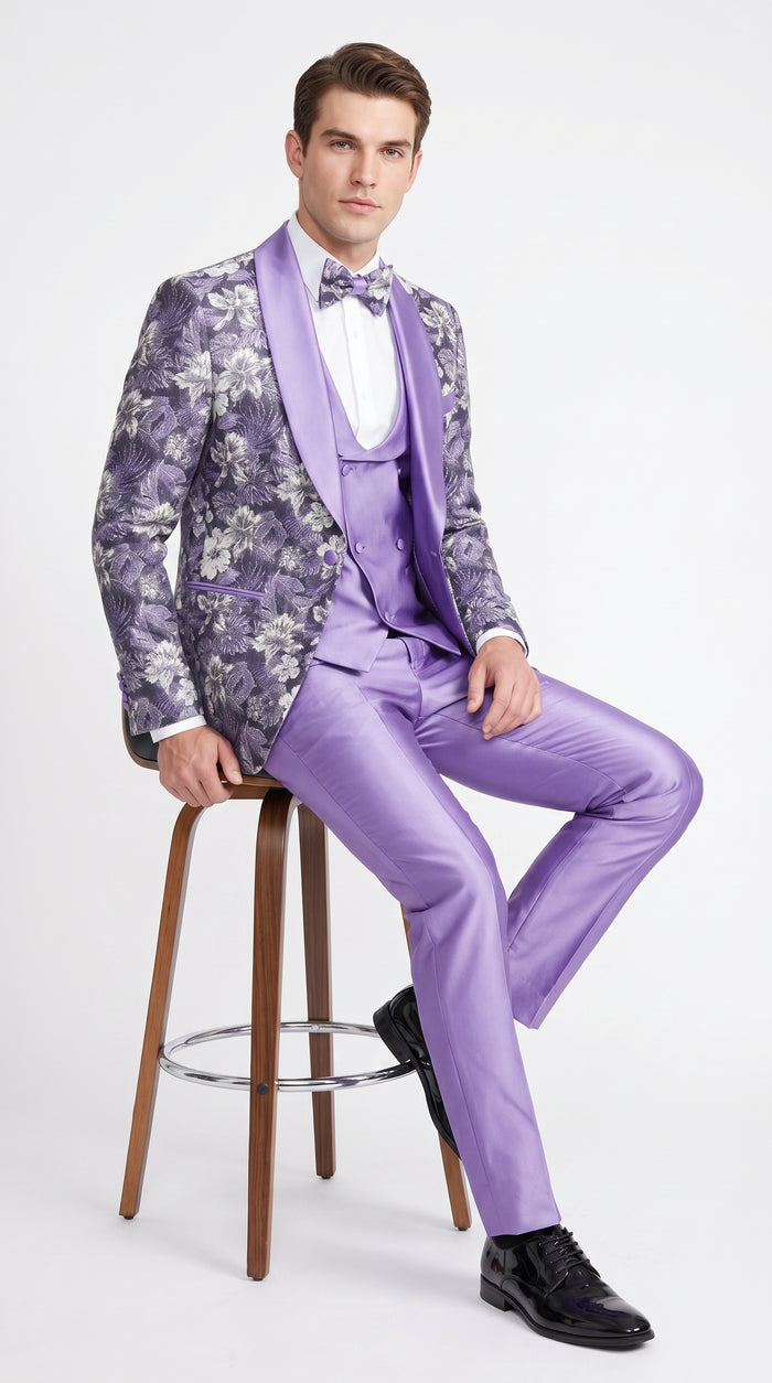 Men’s Lilac Lavender Prom Suit – Floral Shawl Lapel 3 Piece Tuxedo with Matching Vest and Pants