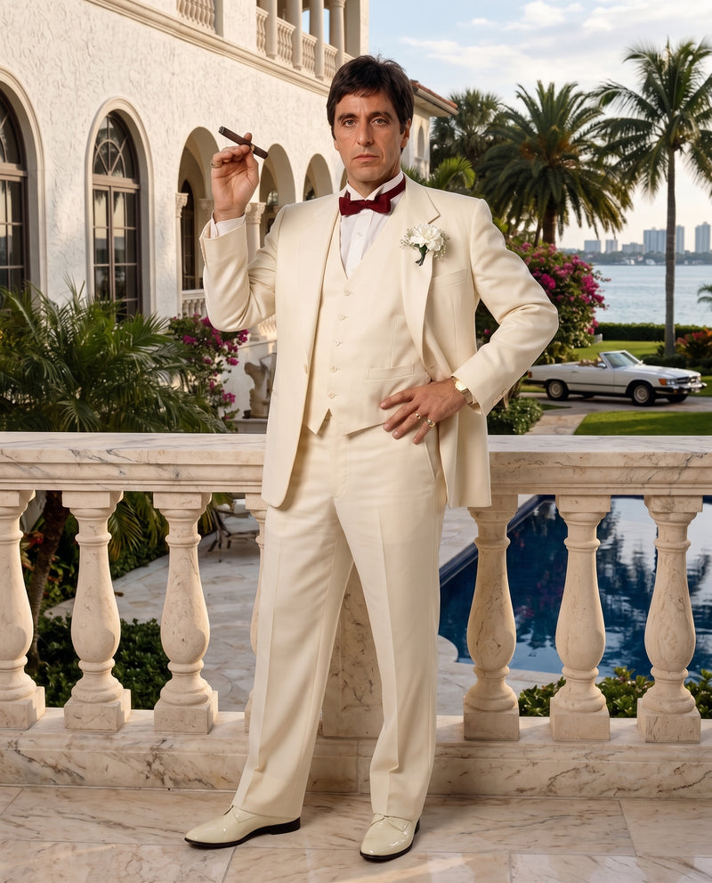 Tony Montana’s Ivory Vested Suit – Classic Ivory 3 Piece Suit for Wedding, Formal and Evening Wear