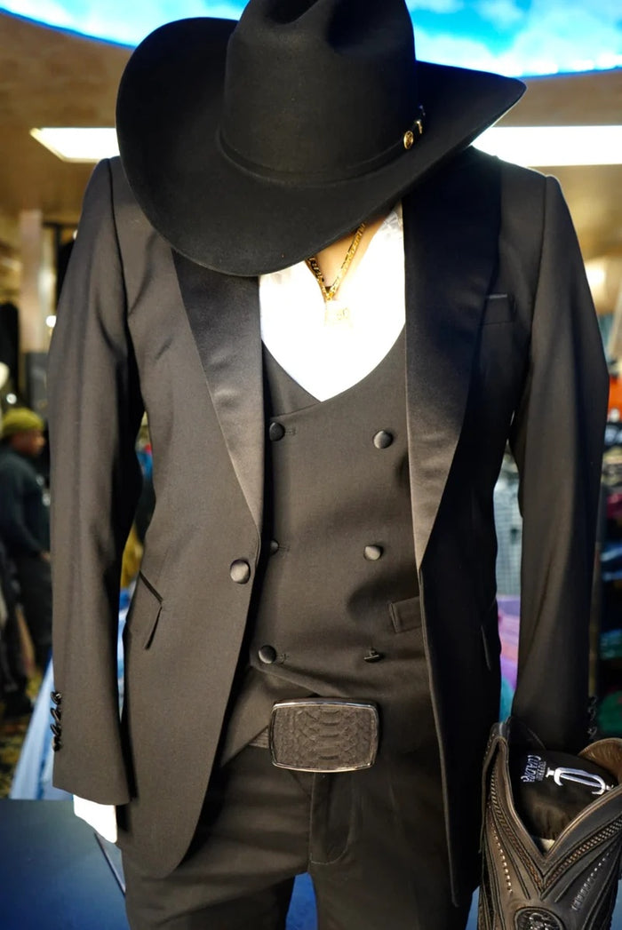 Men’s Black Western Tuxedo Suit with Satin Shawl Lapel and Double Breasted Vest