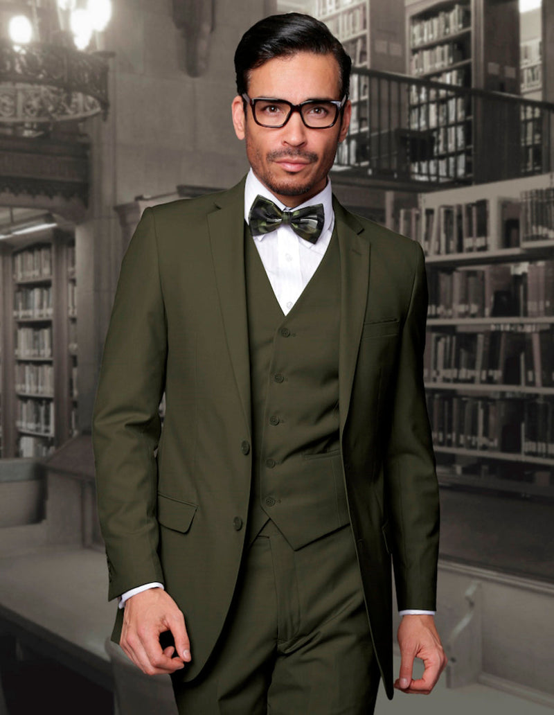 Olive green men's 2-button skinny wool suit. Includes a tailored jacket, slim lapels, fitted waistcoat, and matching fitted pants. Three-piece ensemble made with visible wool for a cohesive, modern look.