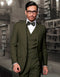 Olive green men's 2-button skinny wool suit. Includes a tailored jacket, slim lapels, fitted waistcoat, and matching fitted pants. Three-piece ensemble made with visible wool for a cohesive, modern look.