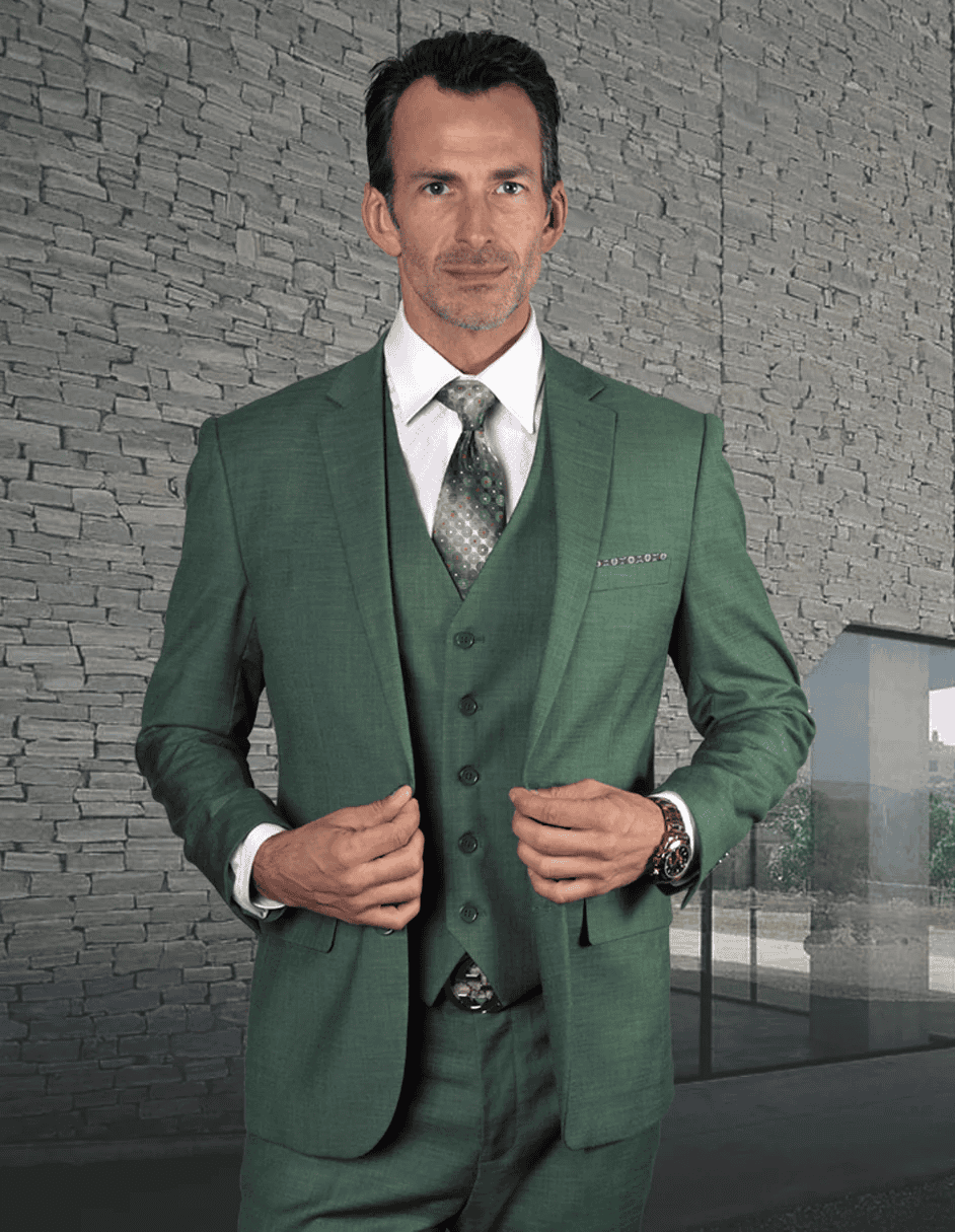 Mens 2 Button Slim Fit Vested  Forest Green Suit