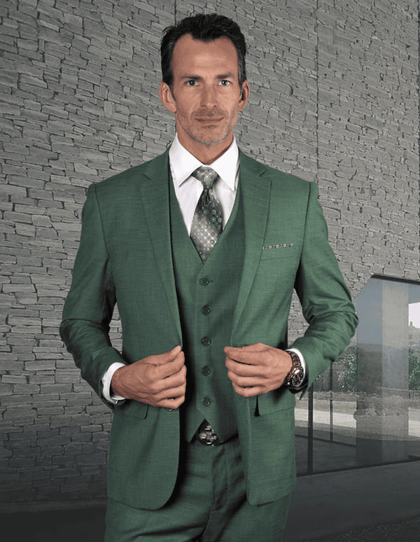 Mens 2 Button Slim Fit Vested  Forest Green Suit