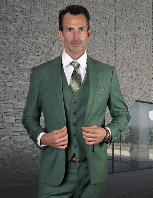 Men's slim fit forest green wool suit. Includes a 2-button jacket with notched lapel, vest, and button closure. Textured wool blend.