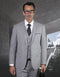Light grey men's slim fit wool suit. Features a 2-button closure, vest, and notched lapel. Tailored design with a subtle textured pattern for a modern, clean look.