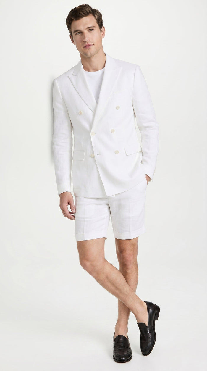 Men’s White Summer Suit with Shorts, 2 Piece Linen Style Wedding Beach Short Suit Set double breasted style