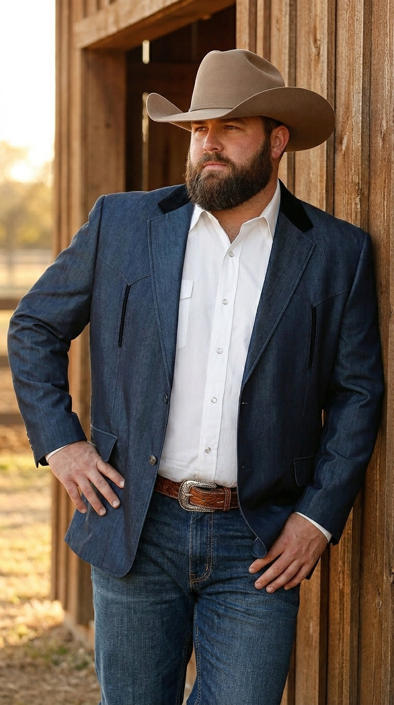 Men’s Sapphire Indigo Western Cowboy Blazer – Classic Western Style Jacket, Country Casual Dress Blazer in Navy Blue with sheen