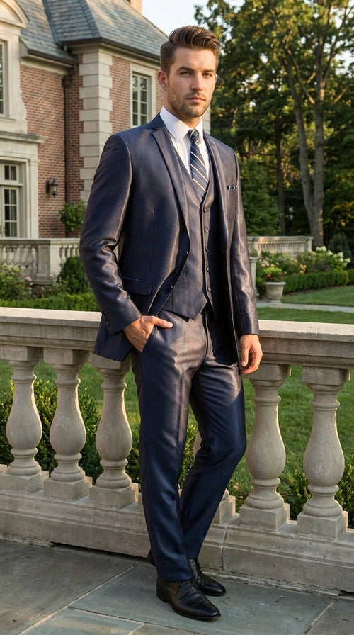 Men’s Navy Blue Sharkskin 3 Piece Suit – Two Button Vested Shiny Formal Suit for Wedding, Prom, Business and Party Wear