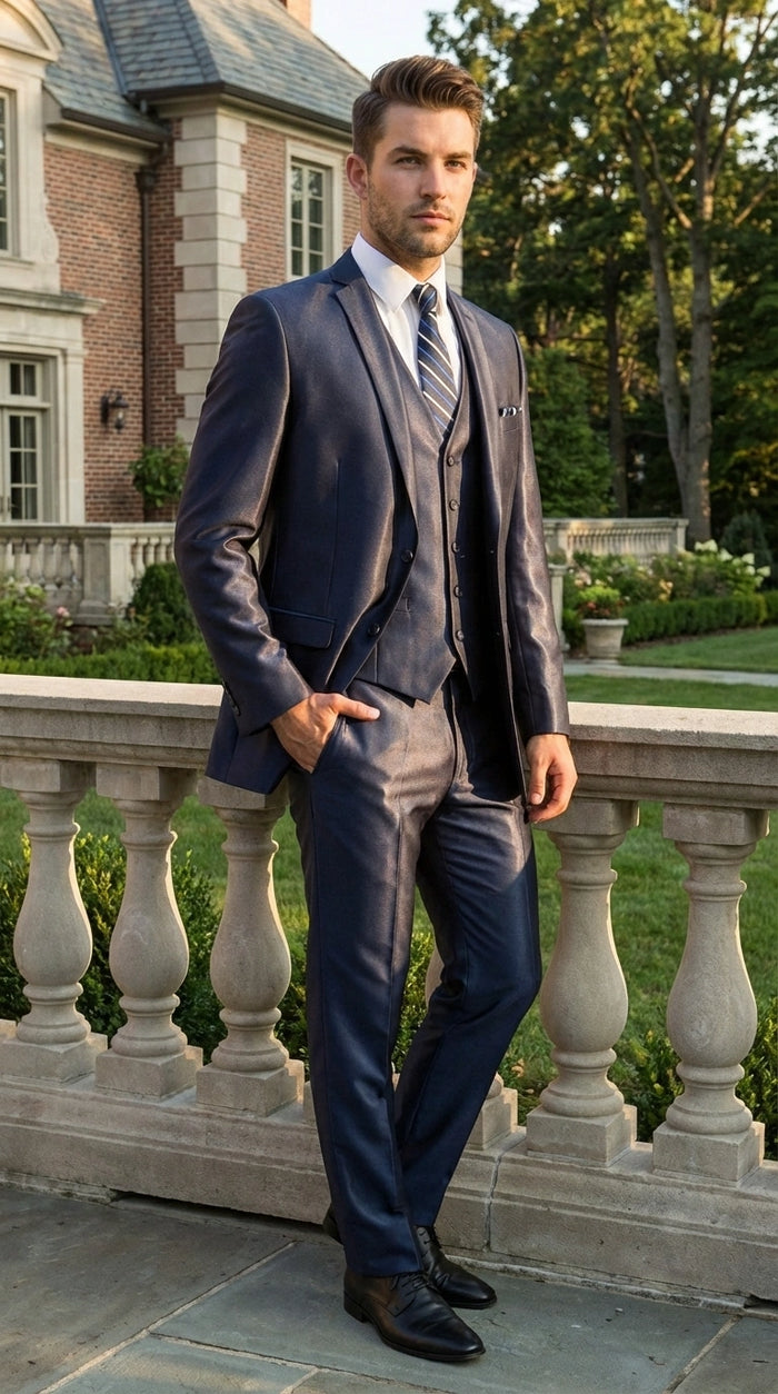 Men’s Navy Blue Sharkskin 3 Piece Suit – Two Button Vested Shiny Formal Suit for Wedding, Prom, Business and Party Wear