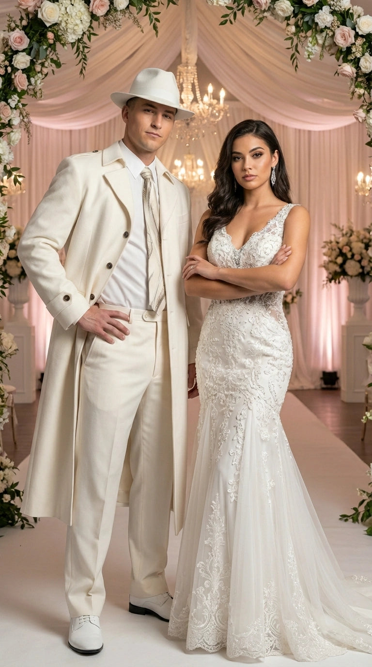 Men’s Ivory Cream Off White  Full Length Zoot Suit – Vintage Gangster Style Long Coat Formal Suit
