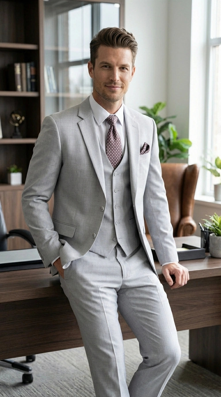 Men’s Light Grey Sharkskin 3 Piece Suit – Two Button Vested Modern Formal Business Suit for Wedding in silver Ice Gray