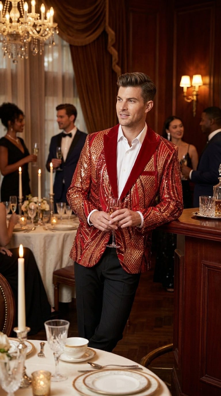 Men’s Red and Gold Sequin Christmas Holiday Blazer – Luxury Party Jacket for New Year, Wedding and Festive Events