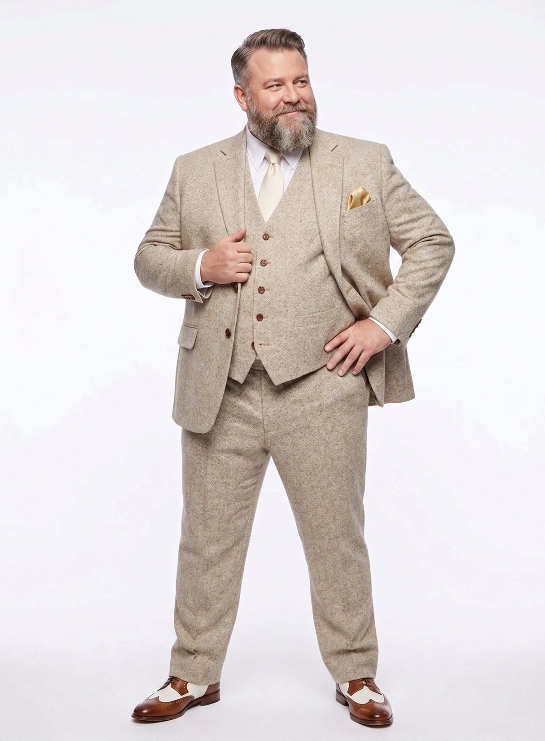 Men’s Light Tan Tweed Great Gatsby 3 Piece Suit – Vintage Vested Wedding Suit, 1920s Classic Formal Outfit Herringbone