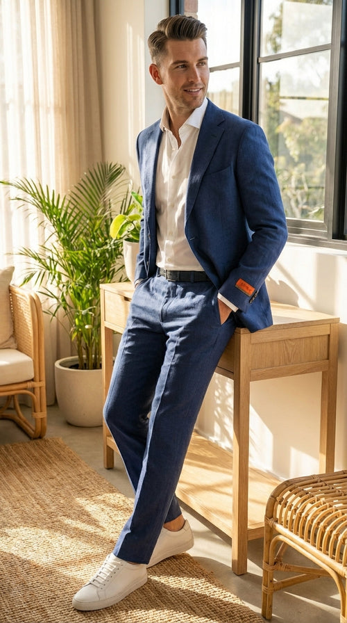 Mens Enzo Tovare Denim Blue Linen Summer Suit – Breathable Two Piece Suit for Wedding, Business, Travel